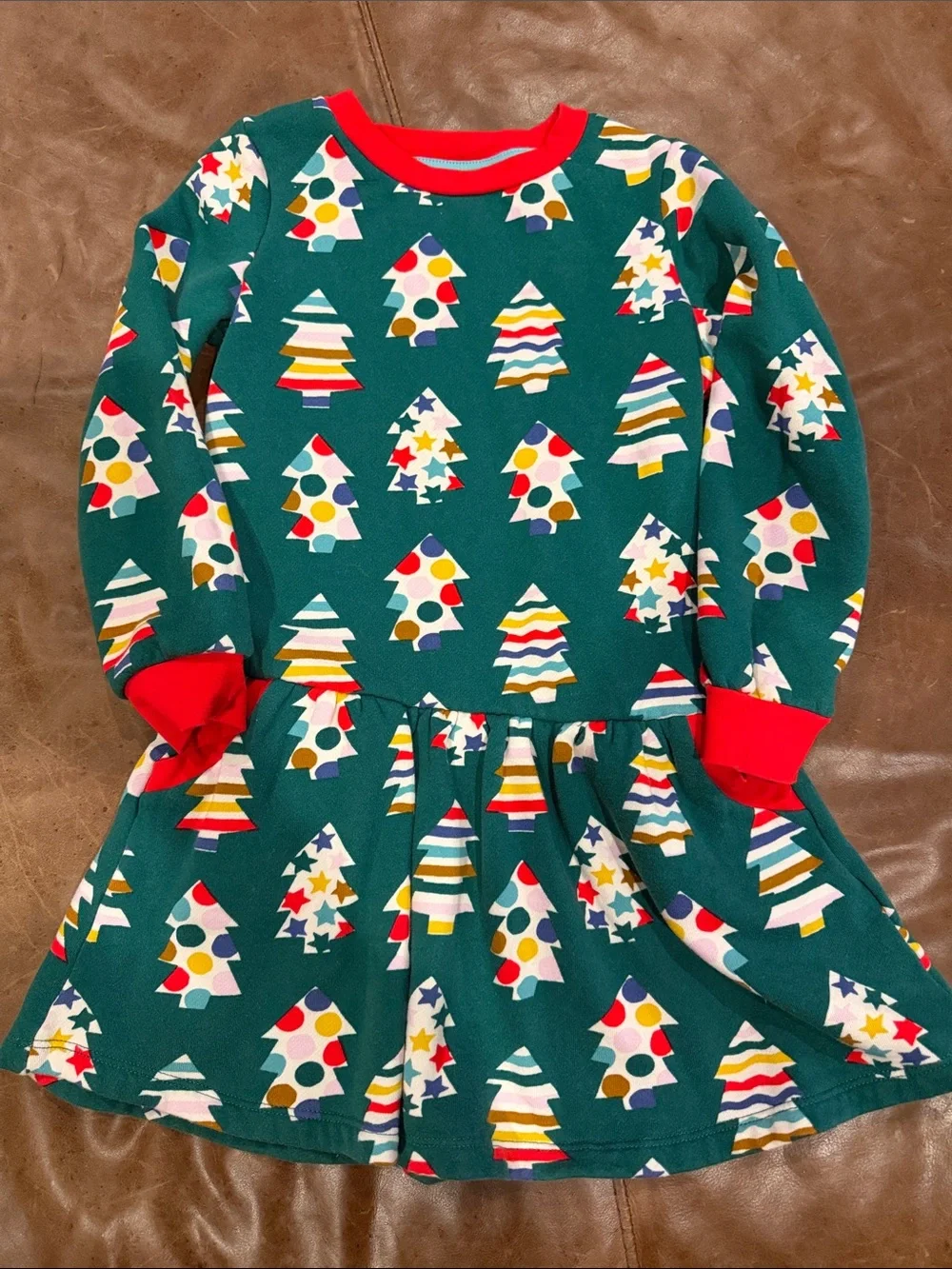 Mini Boden Girls Green Christmas Tree Print Dress
